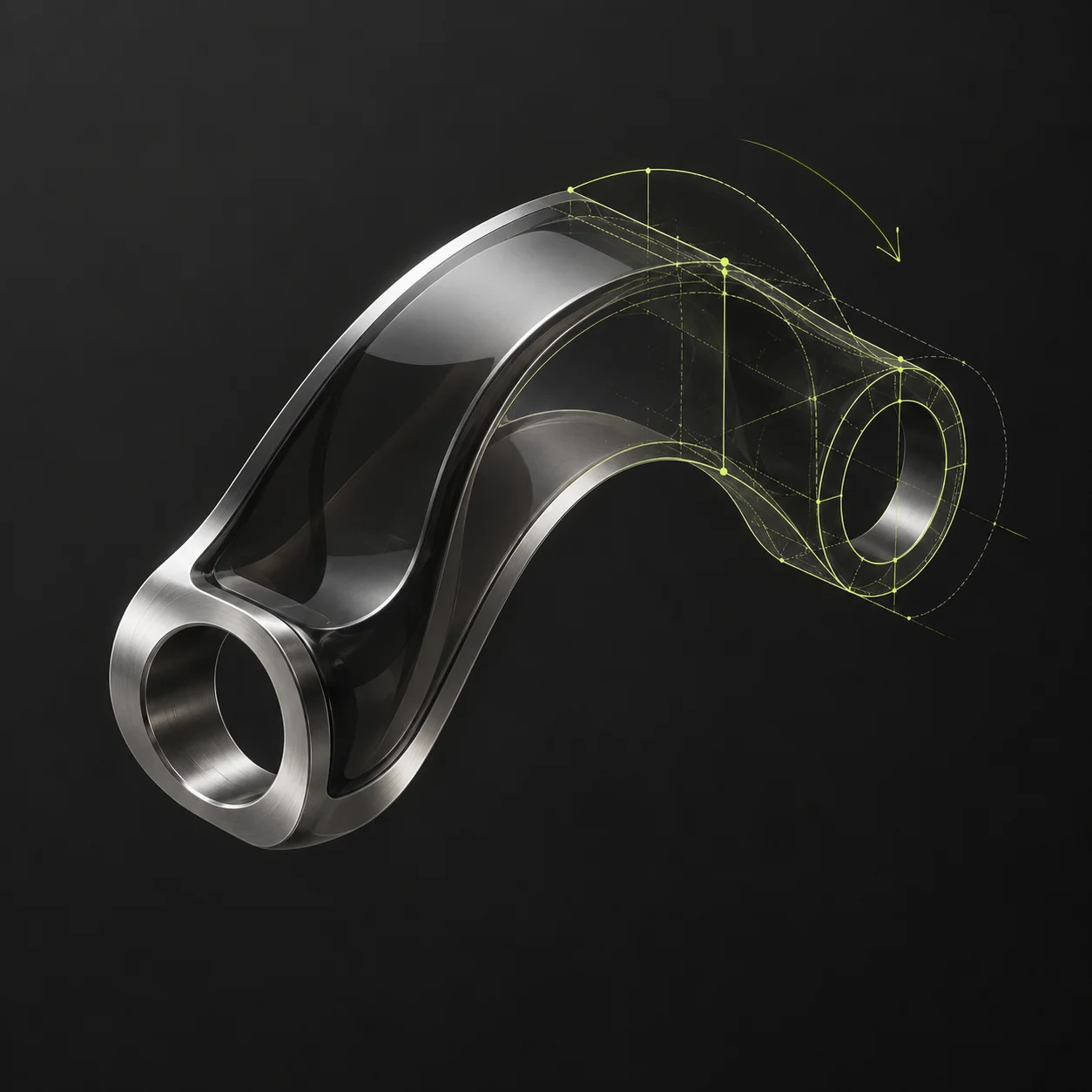 Conceptual metal-and-glass CAD part with acid-green construction lines
