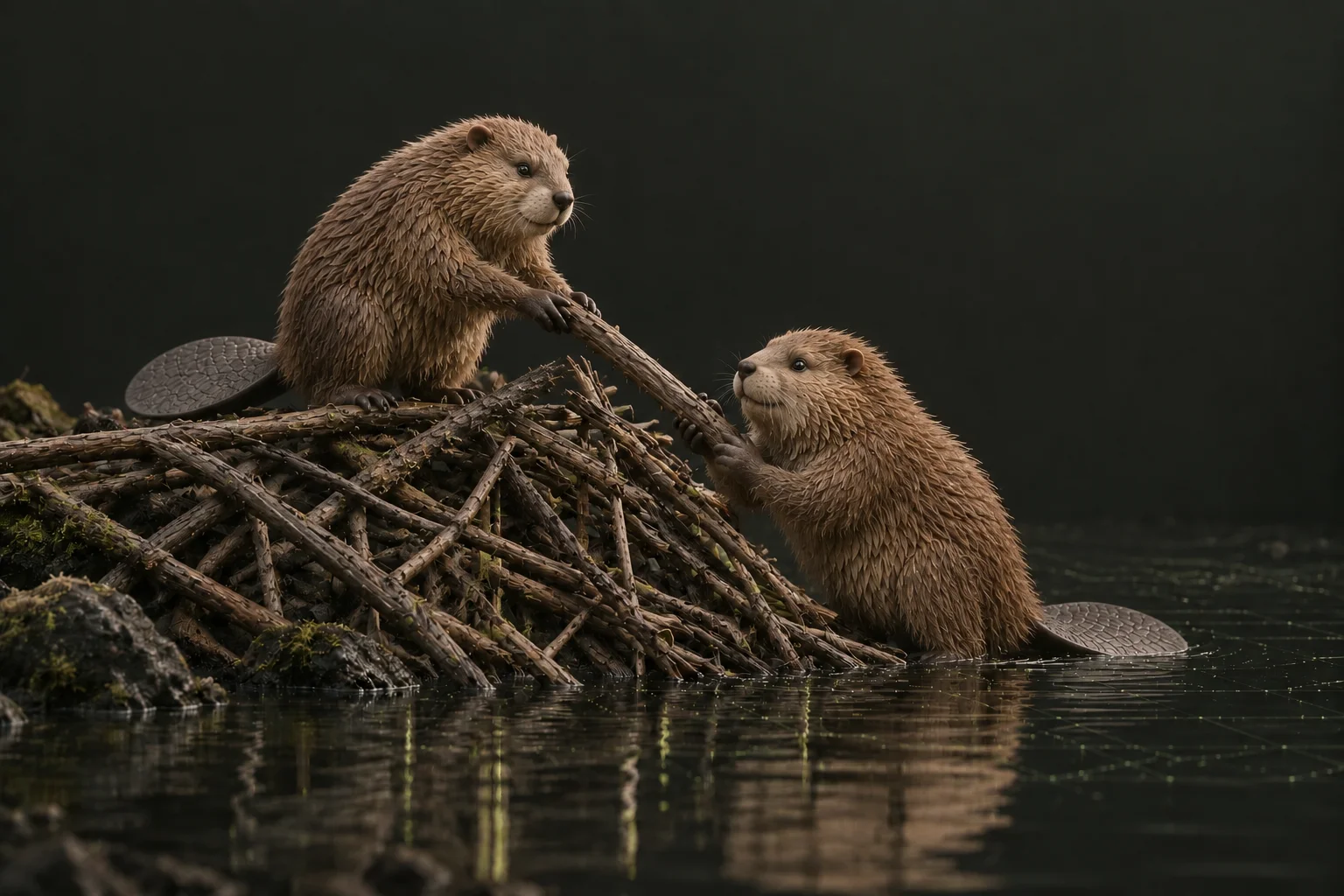 Two friendly brown beavers passing a branch as they build a dam together.