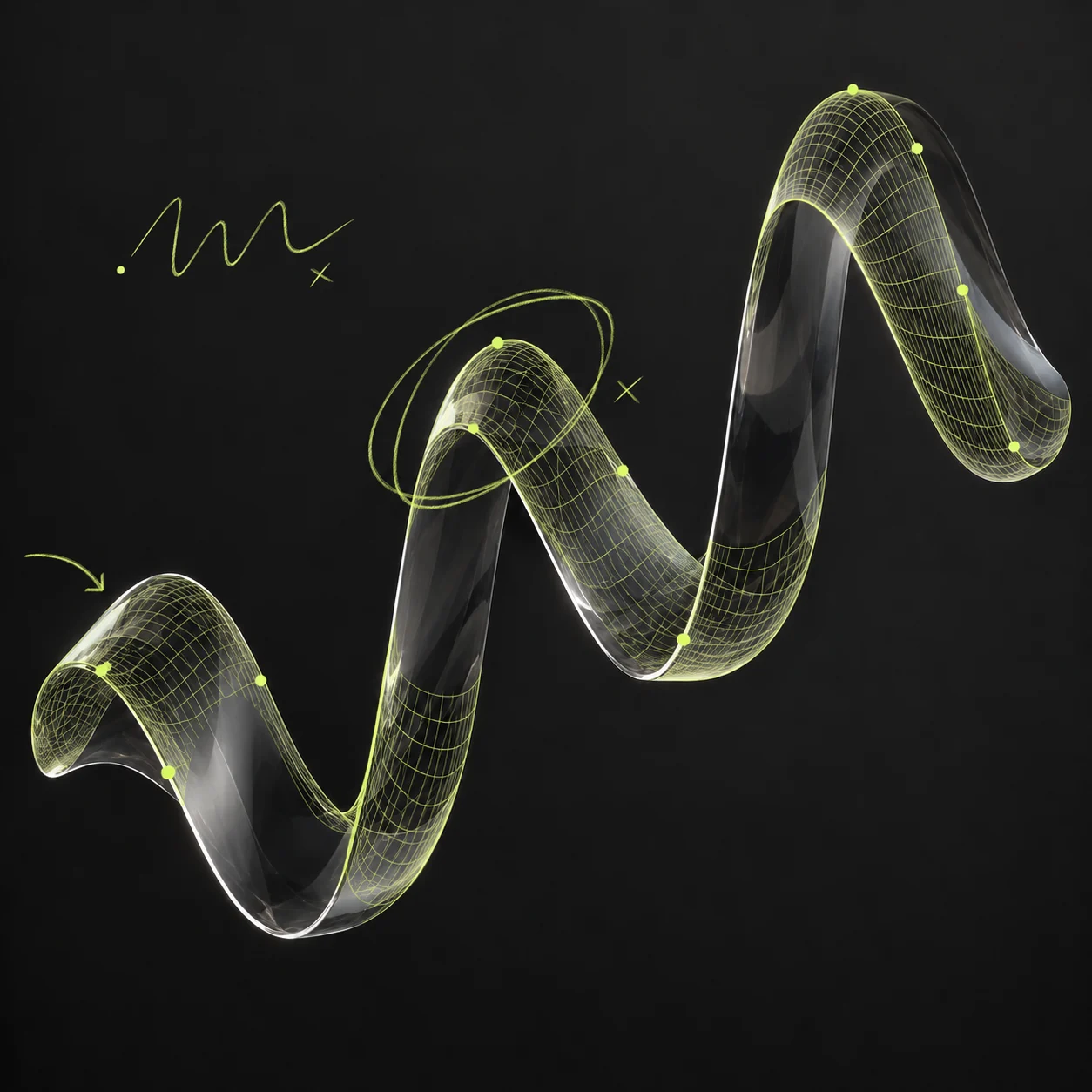 A translucent sound wave taking three-dimensional form, with an acid-green mesh across its surface and loose hand-drawn circles, arrows and signal marks