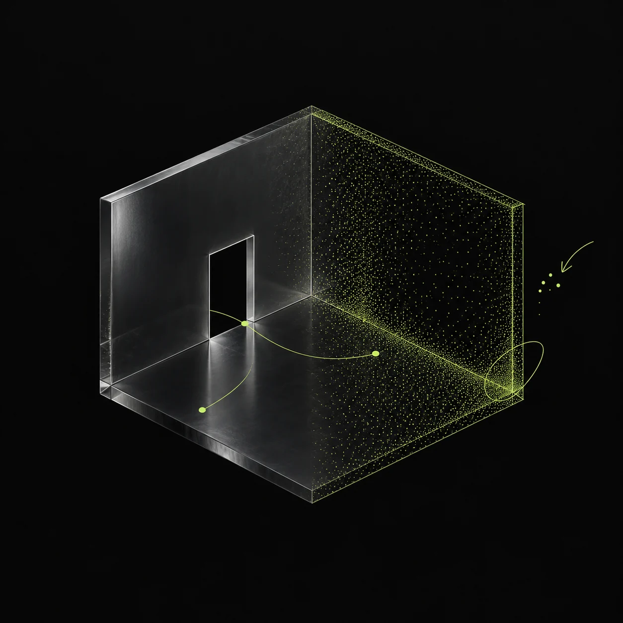 Conceptual glass room corner becoming an acid-green spatial point cloud