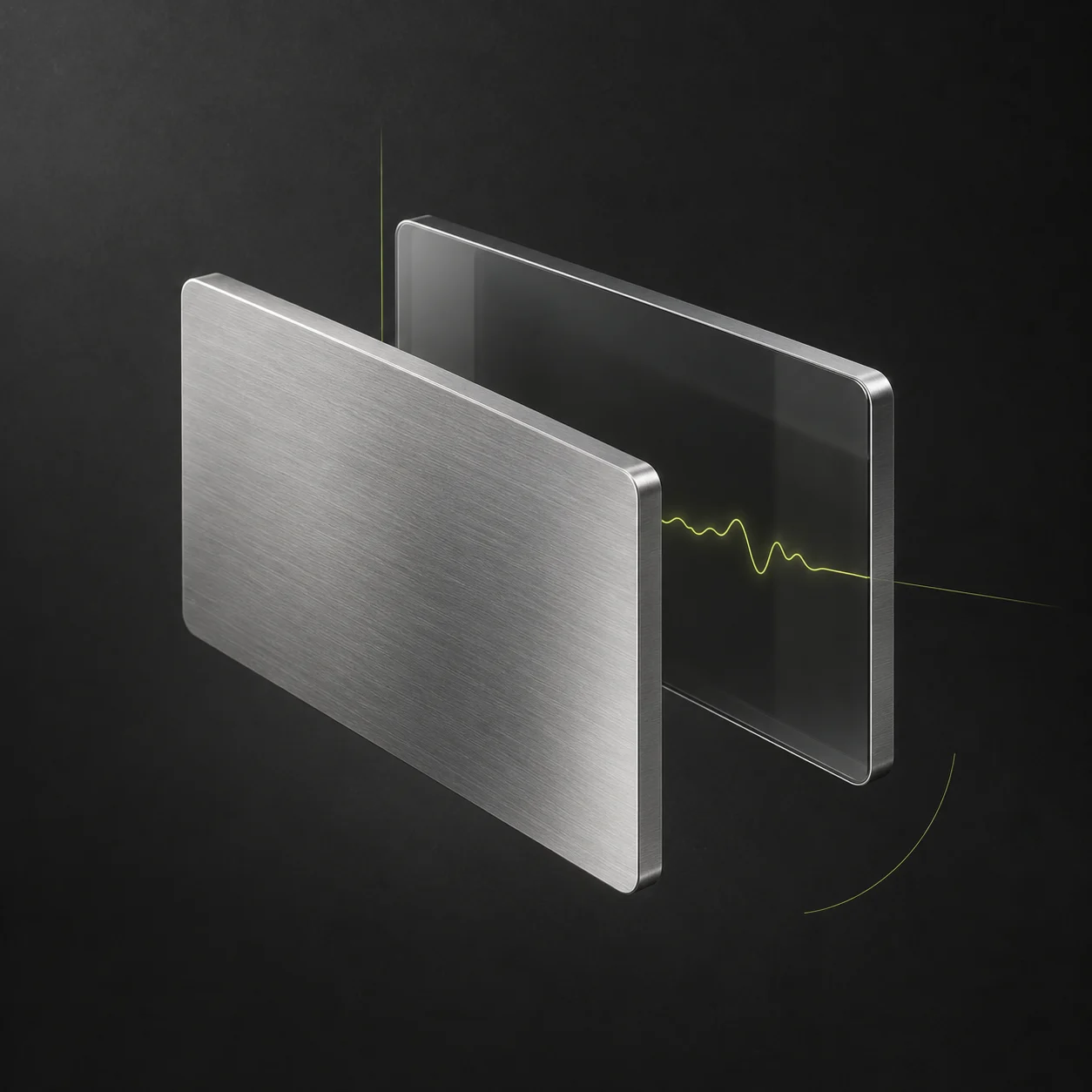An industrial study of brushed aluminium and smoked-glass plates separated by a fine acid-green signal