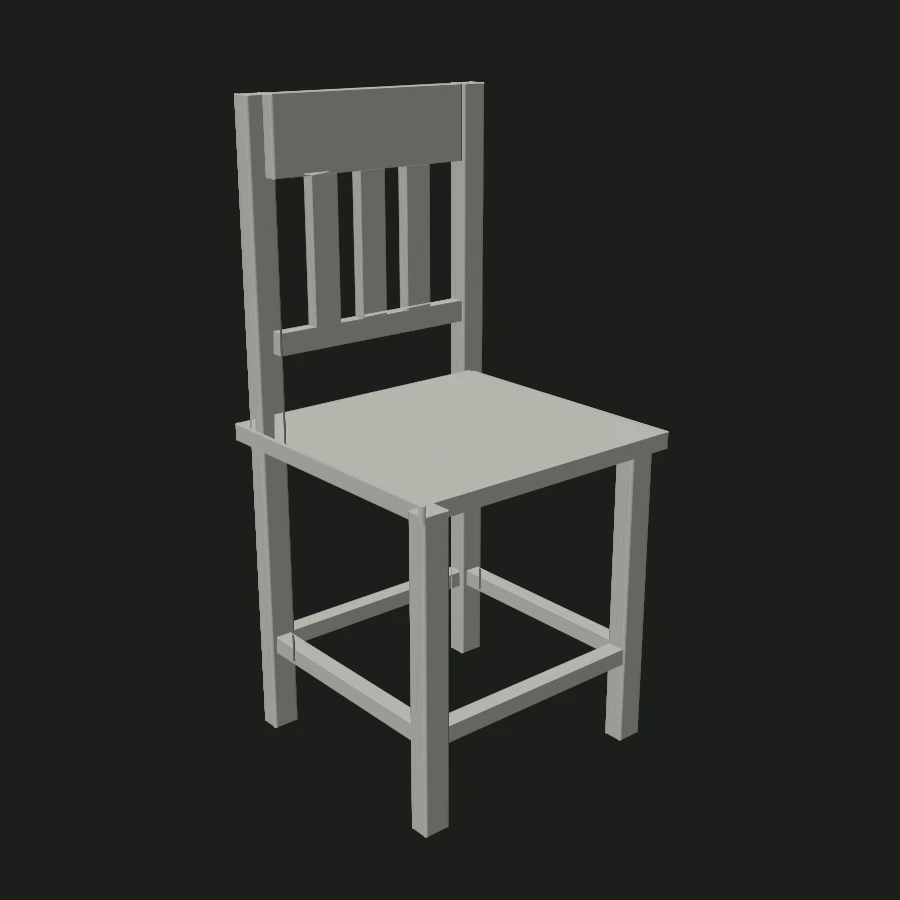 Saved chair CAD model with a slatted back, slim legs and horizontal stretchers.